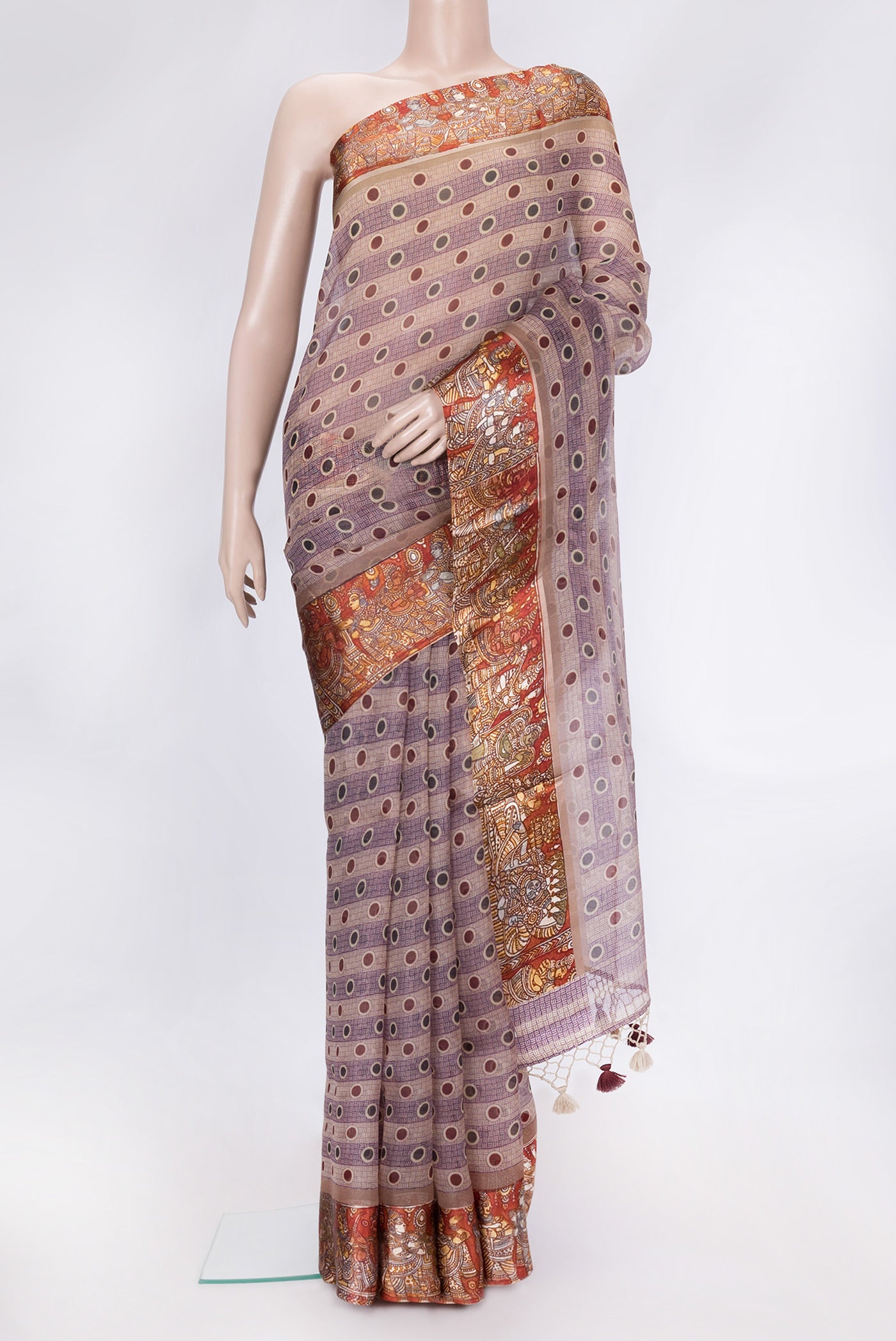 Purple and Beige Color Organza Silk Saree with Printed design on the body and Printed Border.  displayed on a mannequin