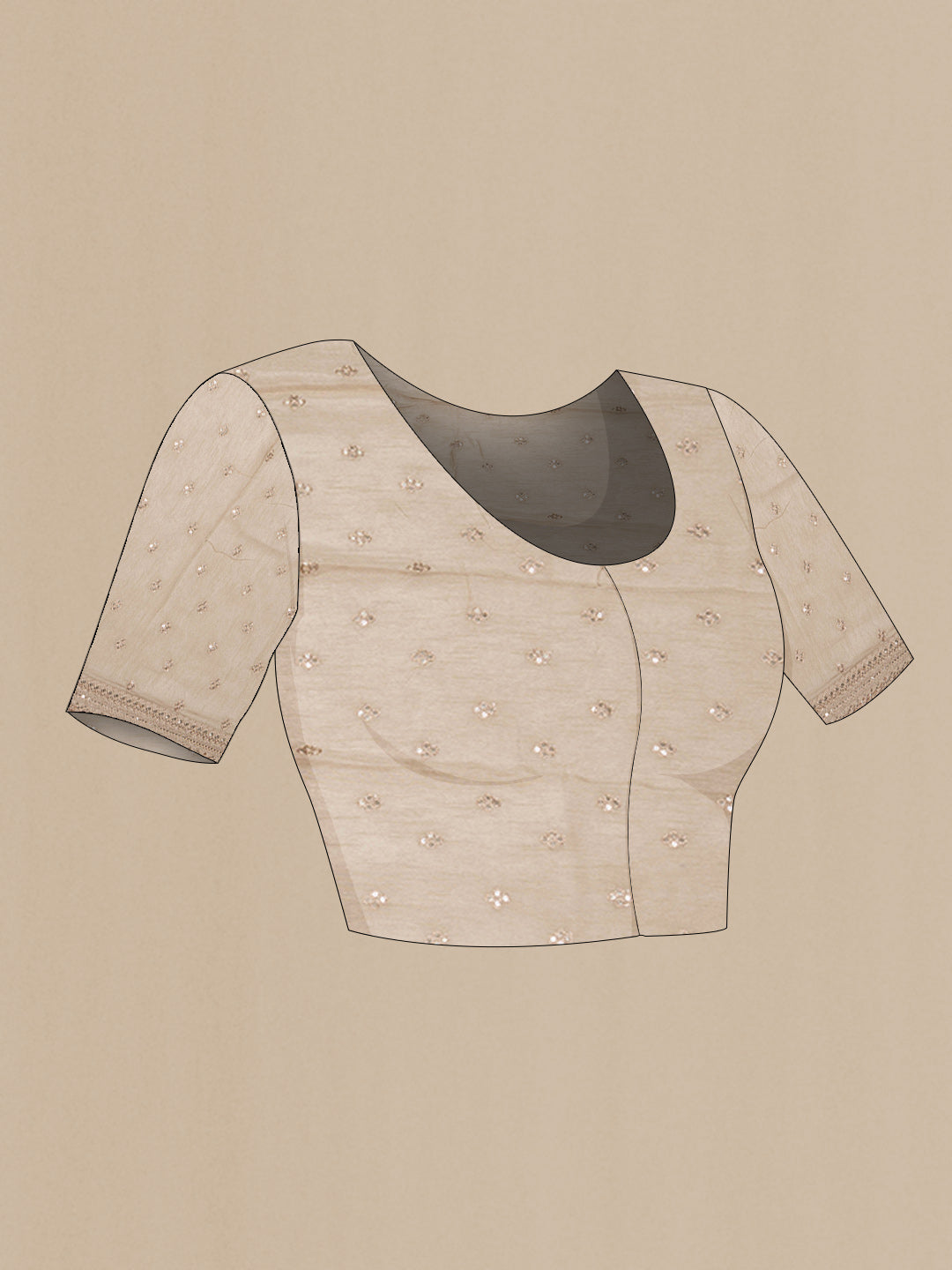Close up image of the blouse of Beige Dual Tone Organza Silk Saree with Printed design on the body and Embroidery Border