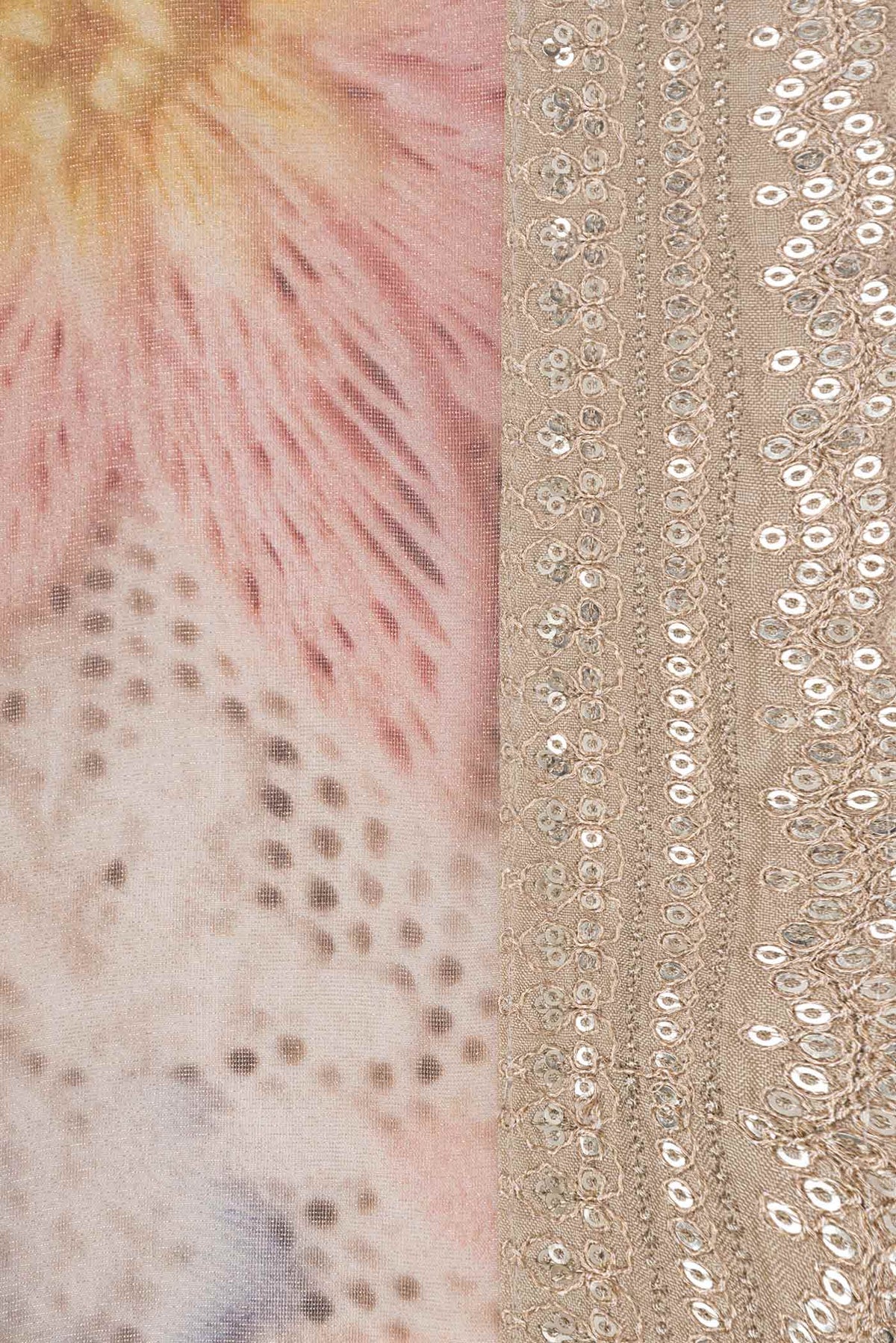 Border image of Beige Dual Tone Organza Silk Saree with Printed design on the body and Embroidery Border
