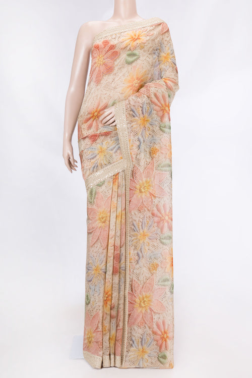 Beige Dual Tone Organza Silk Saree with Printed design on the body and Embroidery Border displayed on a mannequin