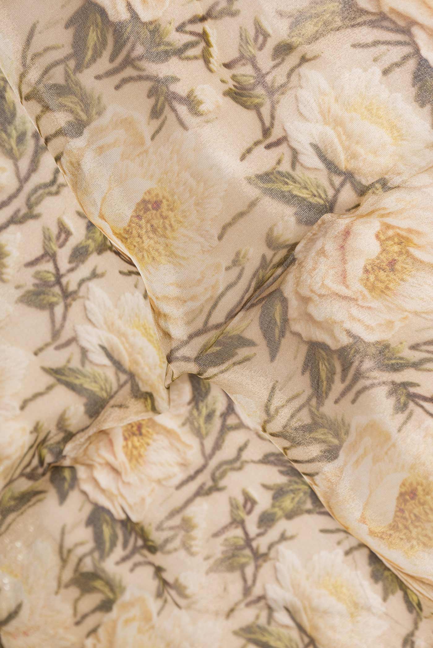 Close up of Beige Dual Tone Georgette SareePrinted design on the body and Embroidery Border displaying folds