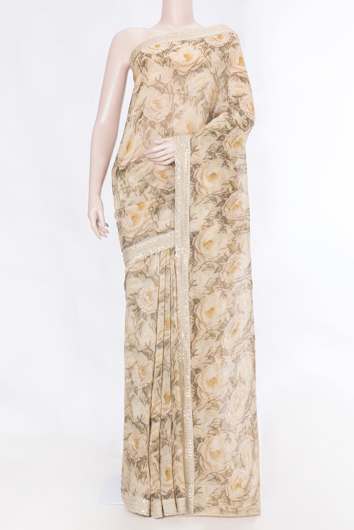 Beige Dual Tone Georgette SareePrinted design on the body and Embroidery Border displayed on a mannequin