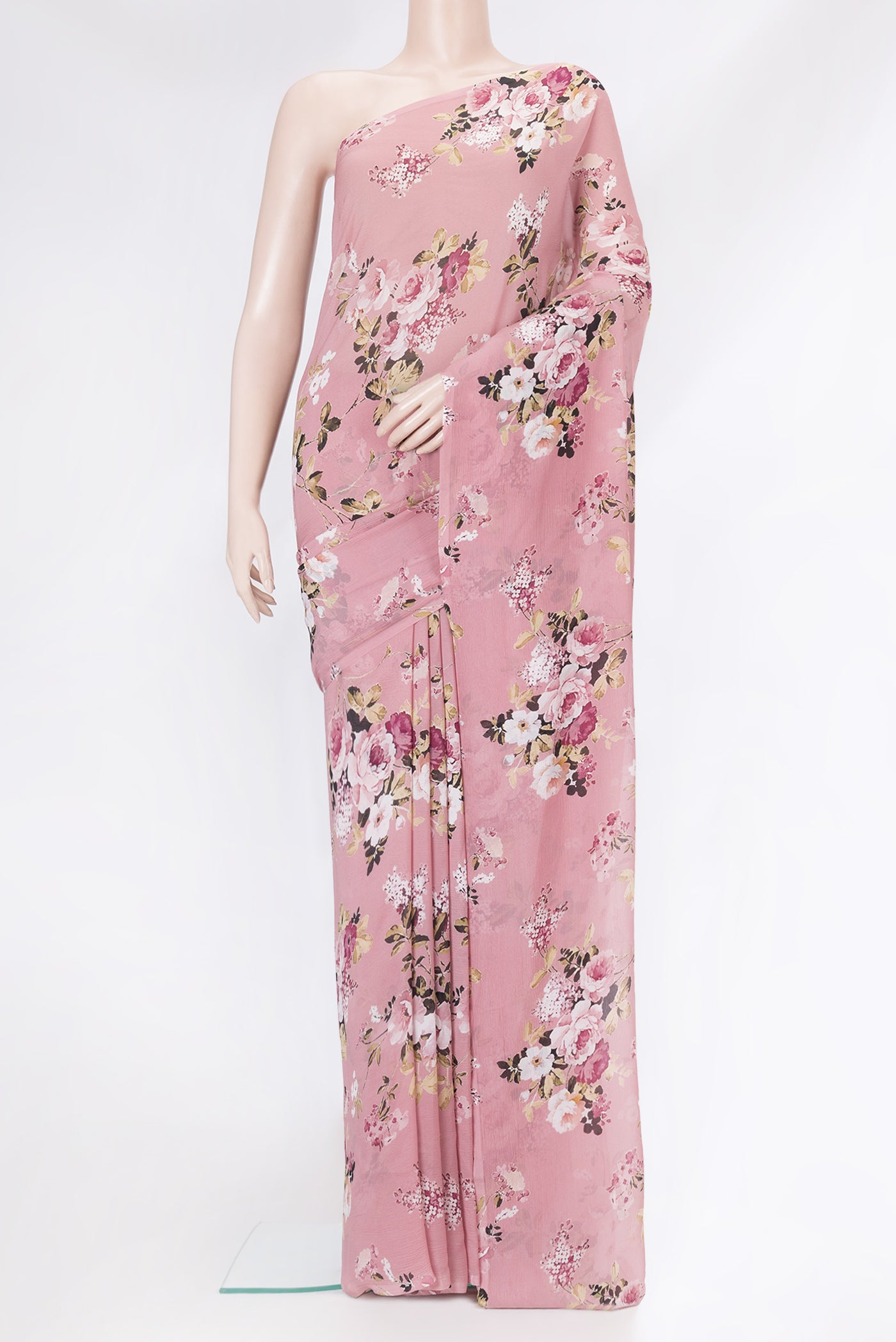 Pink Dual Tone Mysore Chiffon Saree with Printed design on the body and Without Border.  displayed on a mannequin