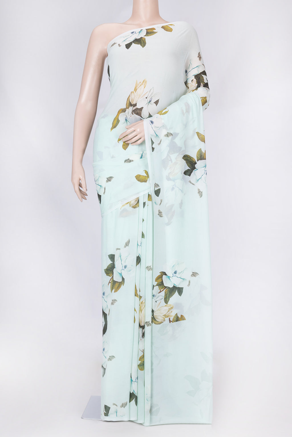 Light Green Dual Tone Mysore Chiffon Saree with Printed design on the body and Plain Border displayed on a mannequin