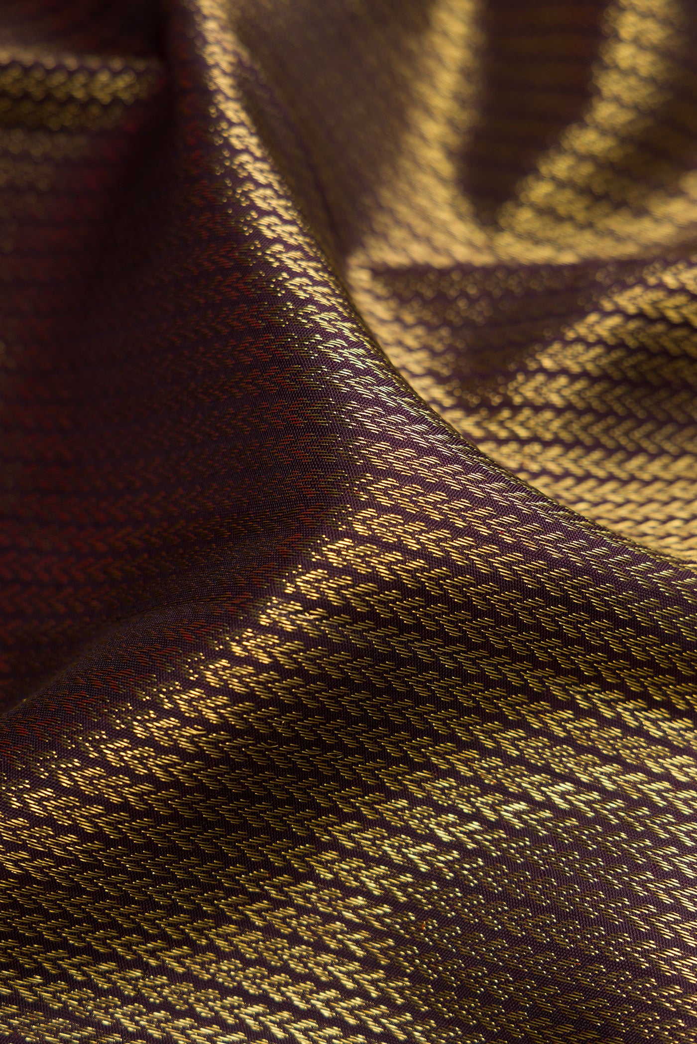 Close up of Coffee Brown Dual Tone Kanchipuram Silk Saree with Zari Brocade on the body and Zari Border.  displaying folds