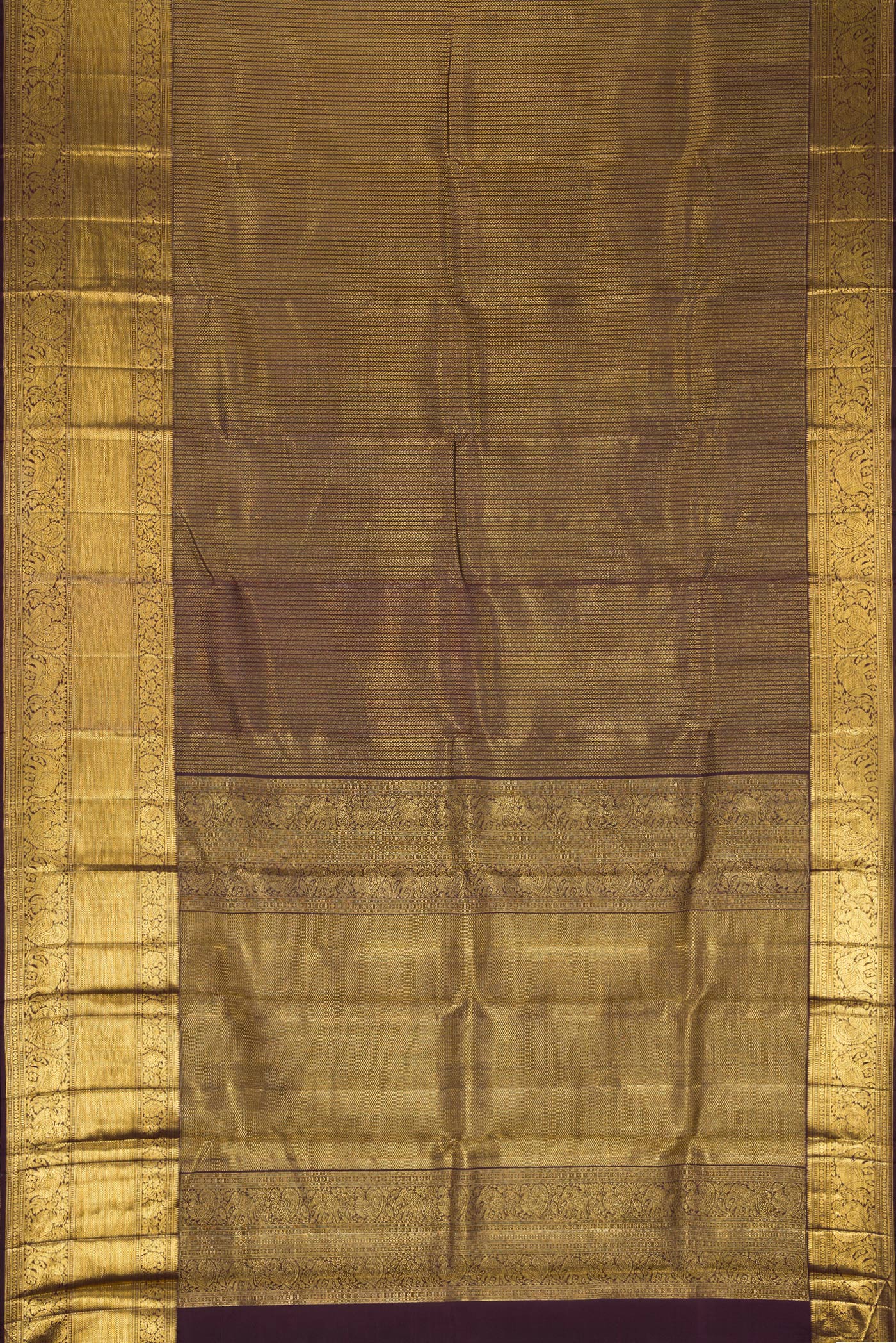 Flat view of Coffee Brown Dual Tone Kanchipuram Silk Saree with Zari Brocade on the body and Zari Border. 