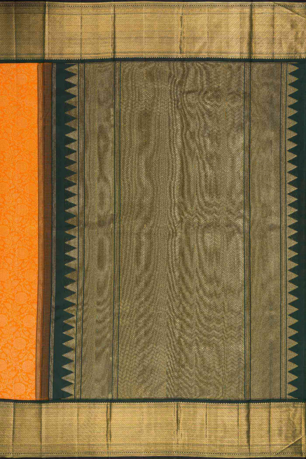 Close up image of the pallu of Orange Dual Tone Kanchipuram Silk Saree with Zari Brocade on the body and Zari Border. 