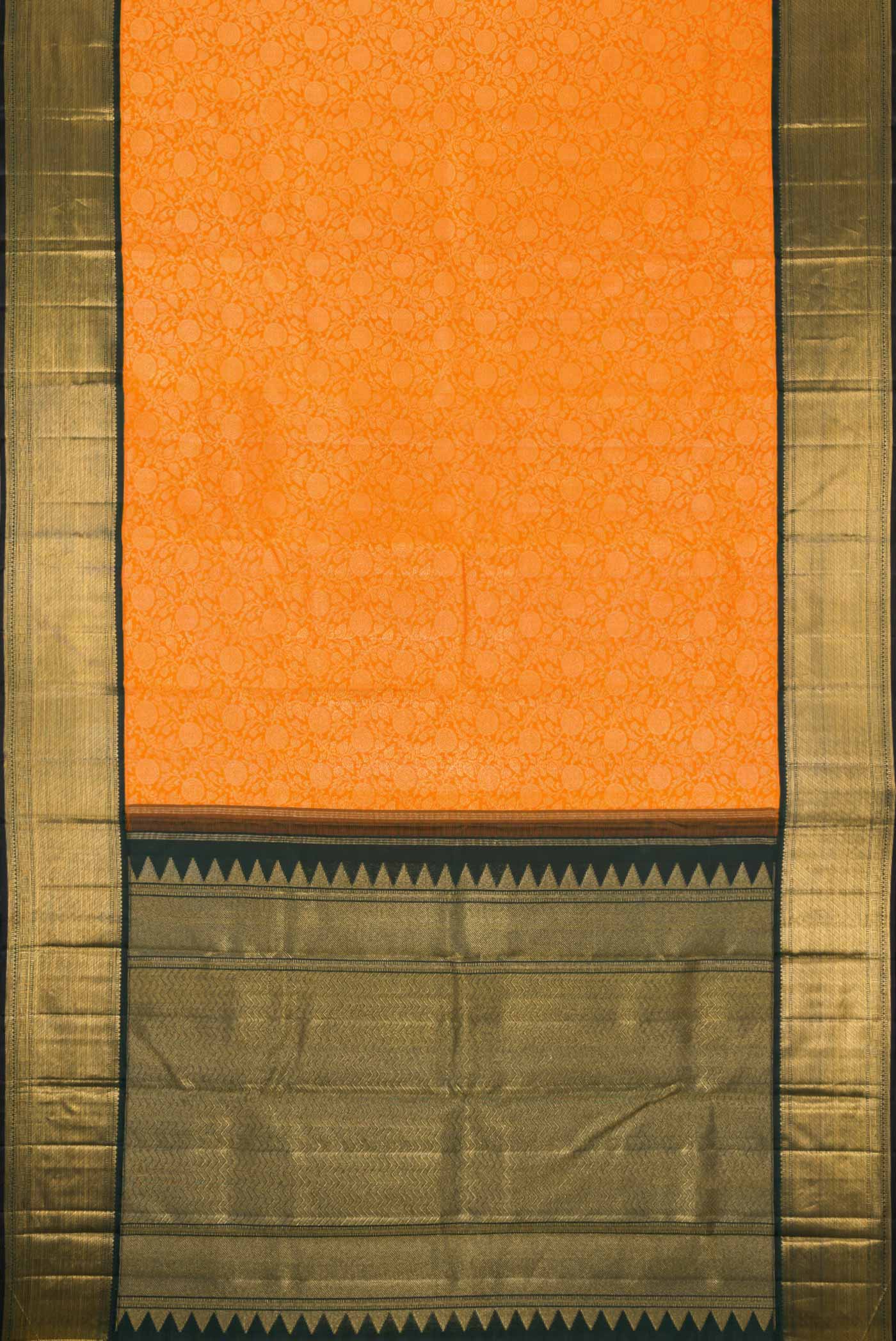 Flat view of Orange Dual Tone Kanchipuram Silk Saree with Zari Brocade on the body and Zari Border. 