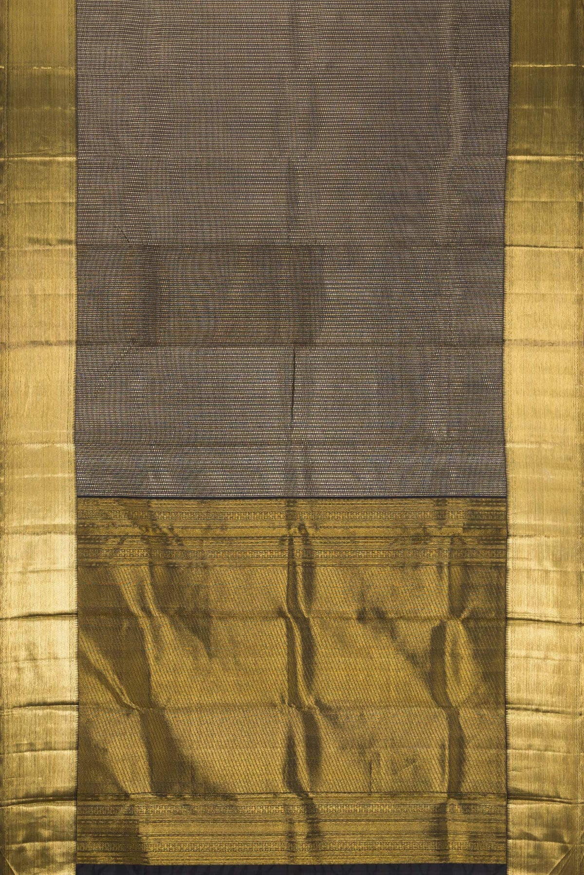 Flat view of Black Kanchipuram Silk Saree with Zari Brocade on the body and Zari Border. 