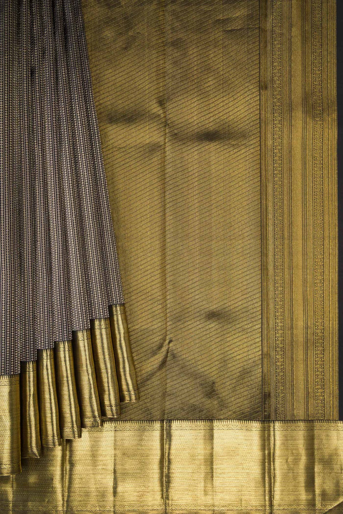 Pleats and pallu of Black Kanchipuram Silk Saree with Zari Brocade on the body and Zari Border. 