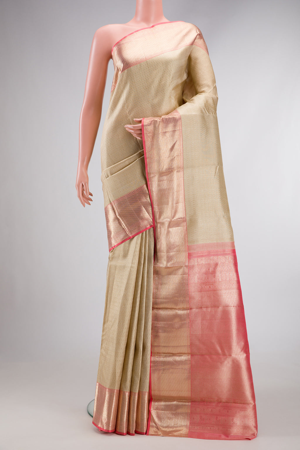 Pista Green Dual Tone Kanchipuram Silk Saree with Zari Brocade on the body and Zari Border.  displayed on a mannequin