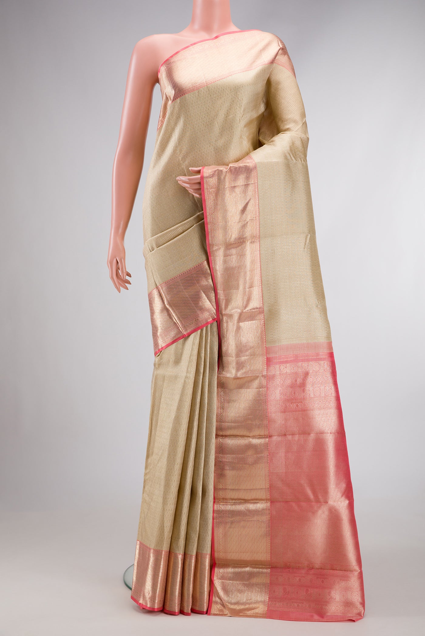 Pista Green Dual Tone Kanchipuram Silk Saree with Zari Brocade on the body and Zari Border.  displayed on a mannequin