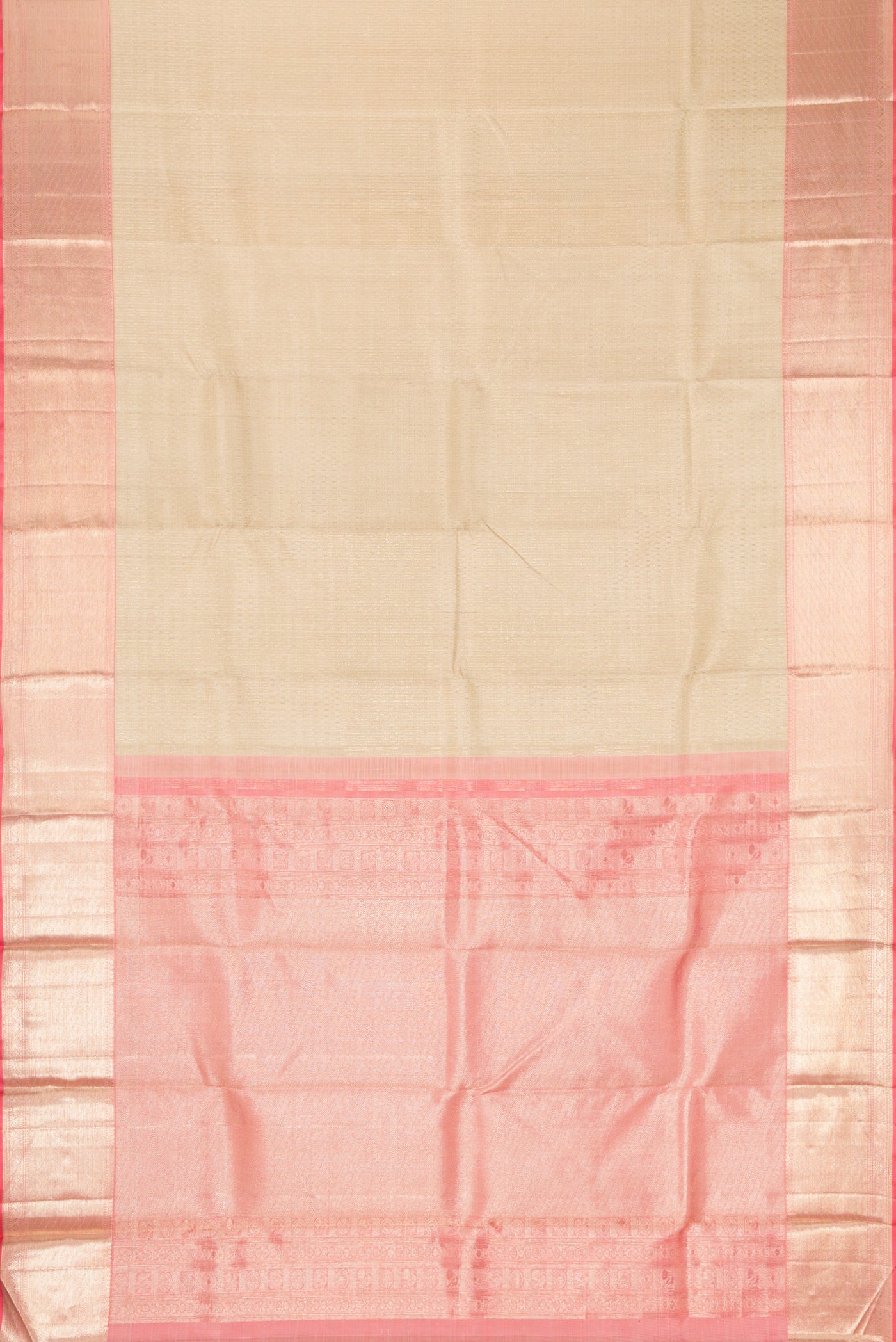 Flat view of Pista Green Dual Tone Kanchipuram Silk Saree with Zari Brocade on the body and Zari Border. 