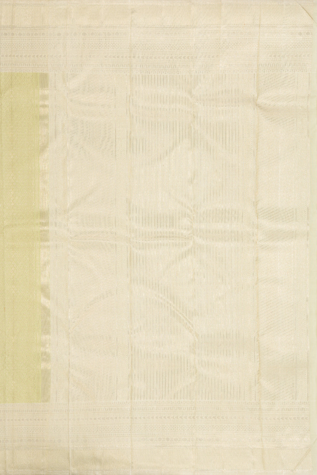Close up image of the pallu of Pista Green Dual Tone Kanchipuram Silk Saree with Zari Brocade on the body and Zari Border. 