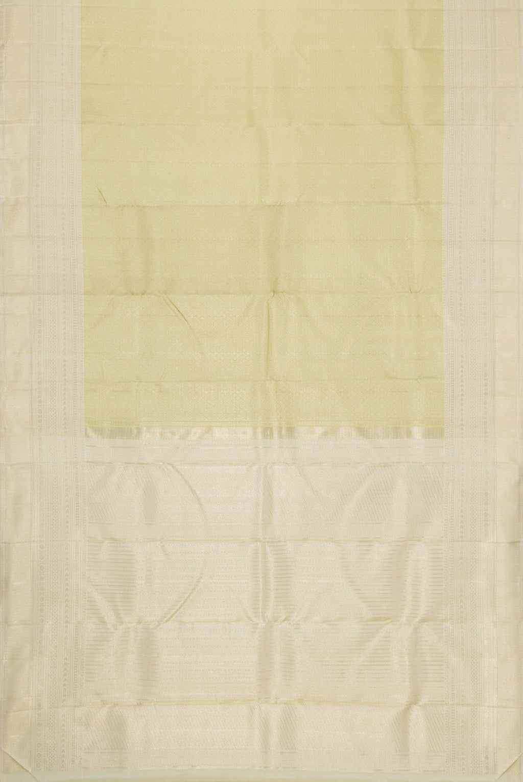 Flat view of Pista Green Dual Tone Kanchipuram Silk Saree with Zari Brocade on the body and Zari Border. 