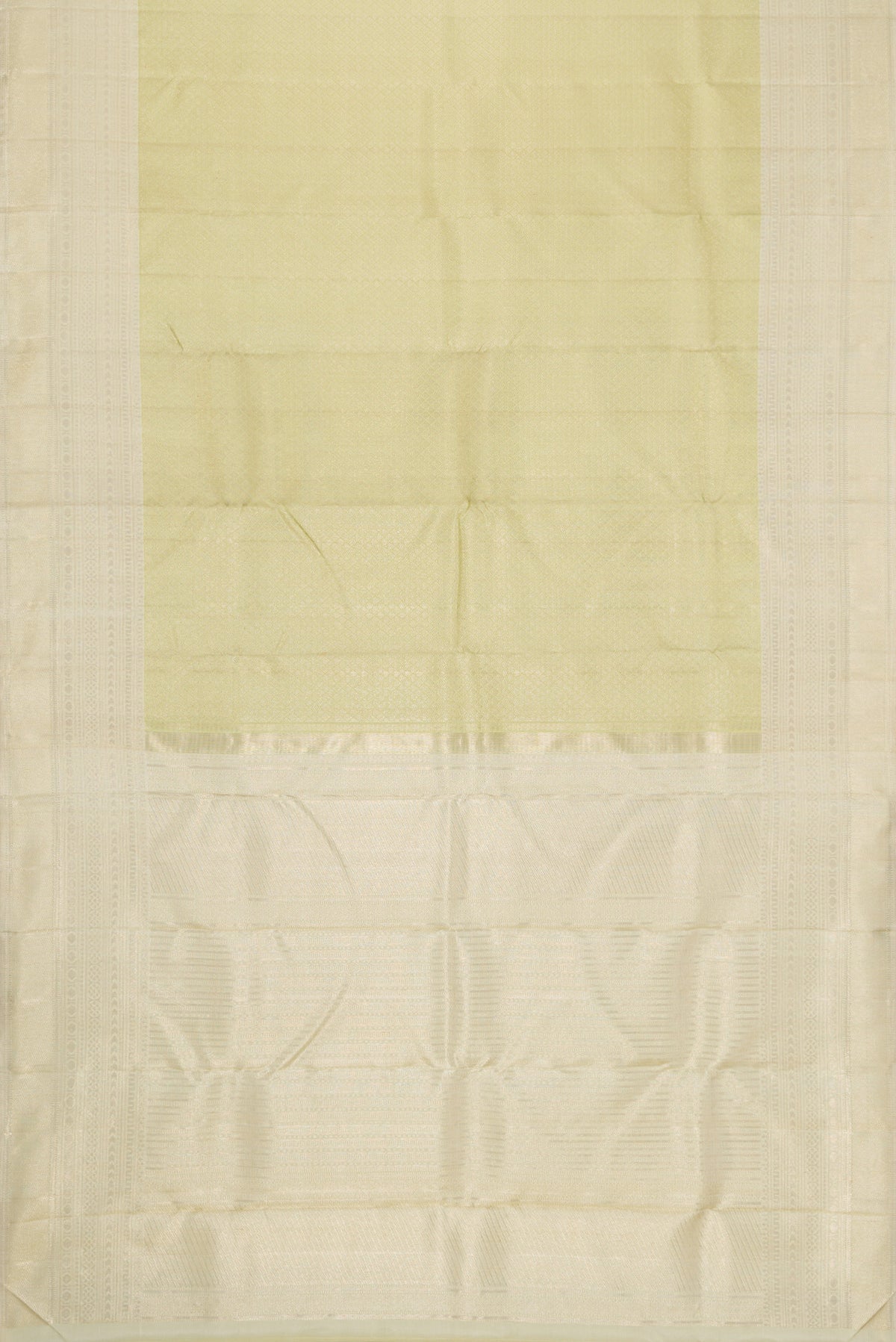 Flat view of Pista Green Dual Tone Kanchipuram Silk Saree with Zari Brocade on the body and Zari Border. 