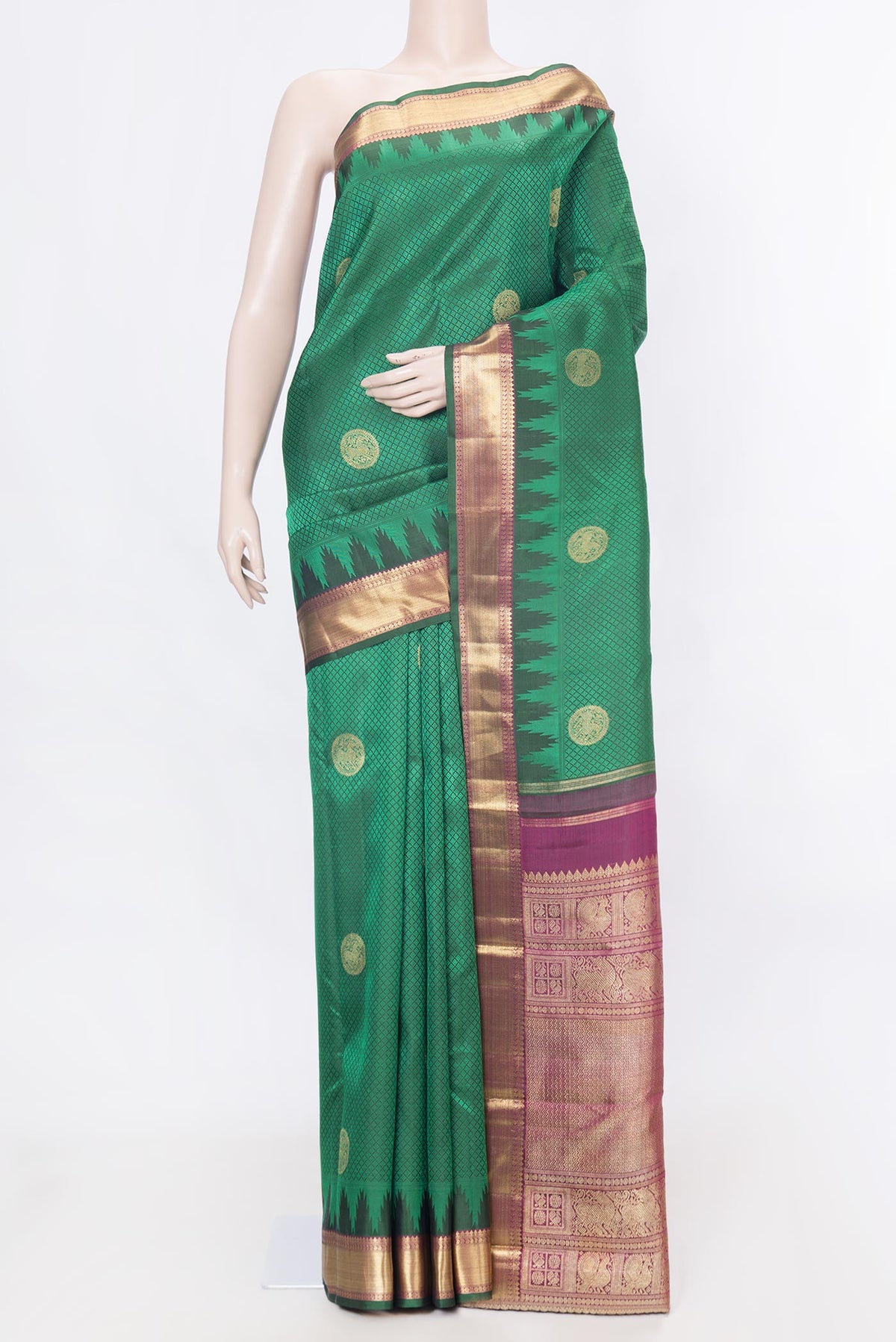 Pure Silk Pure Zari Green Dual Tone Kanchipuram Saree with Jacquard With Zari Butta on the body and Zari Border displayed on a mannequin