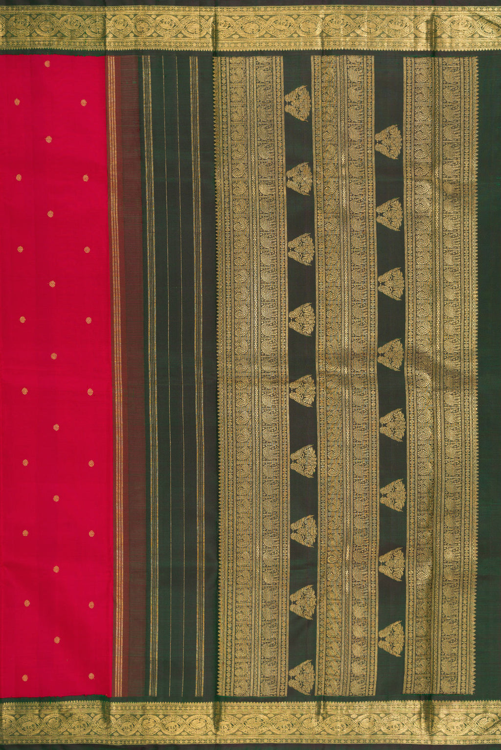 Close up image of the pallu of Pure Silk Pure Zari Red Kanchipuram Saree with Zari Butta on the body and Zari Border. 