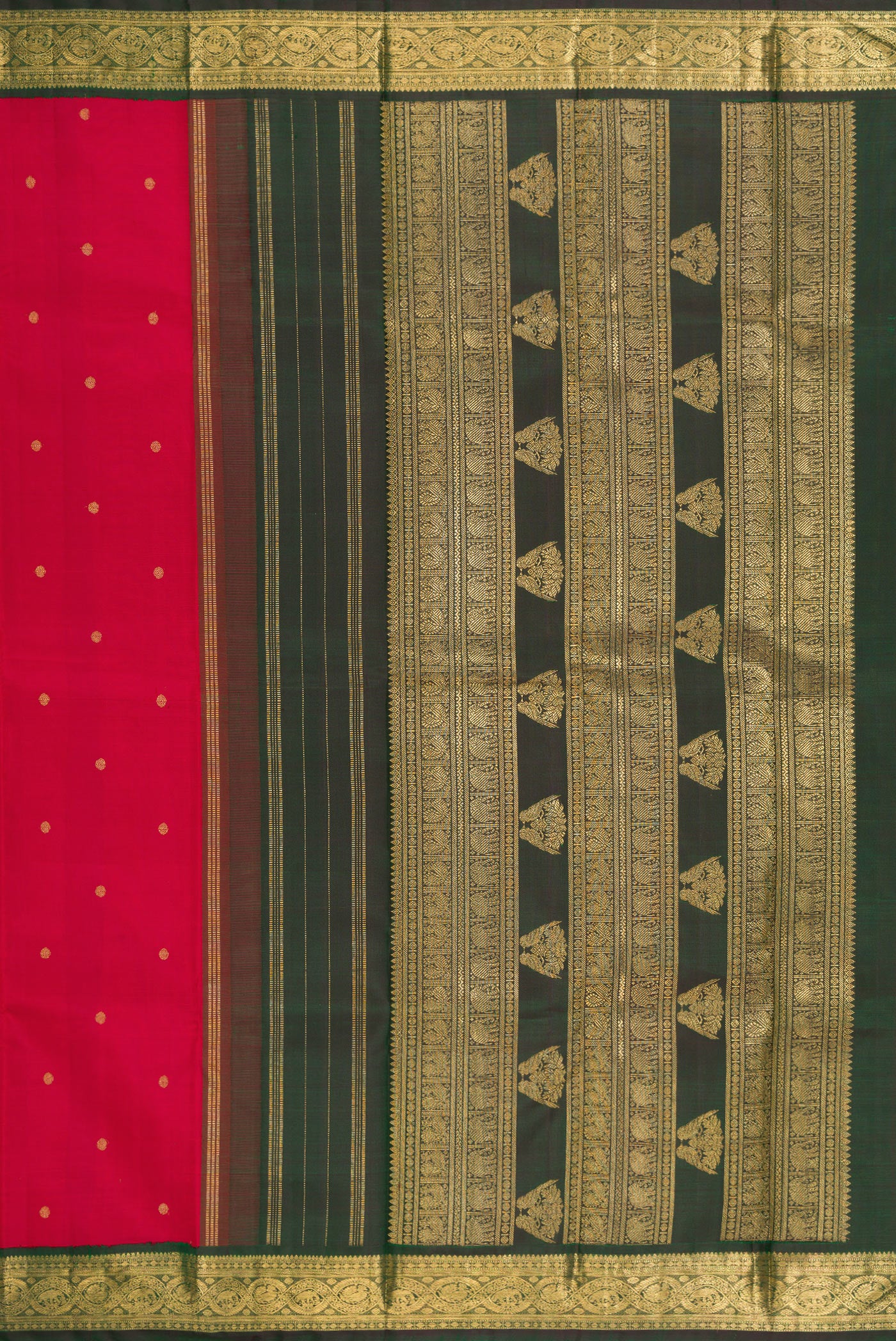 Close up image of the pallu of Pure Silk Pure Zari Red Kanchipuram Saree with Zari Butta on the body and Zari Border. 