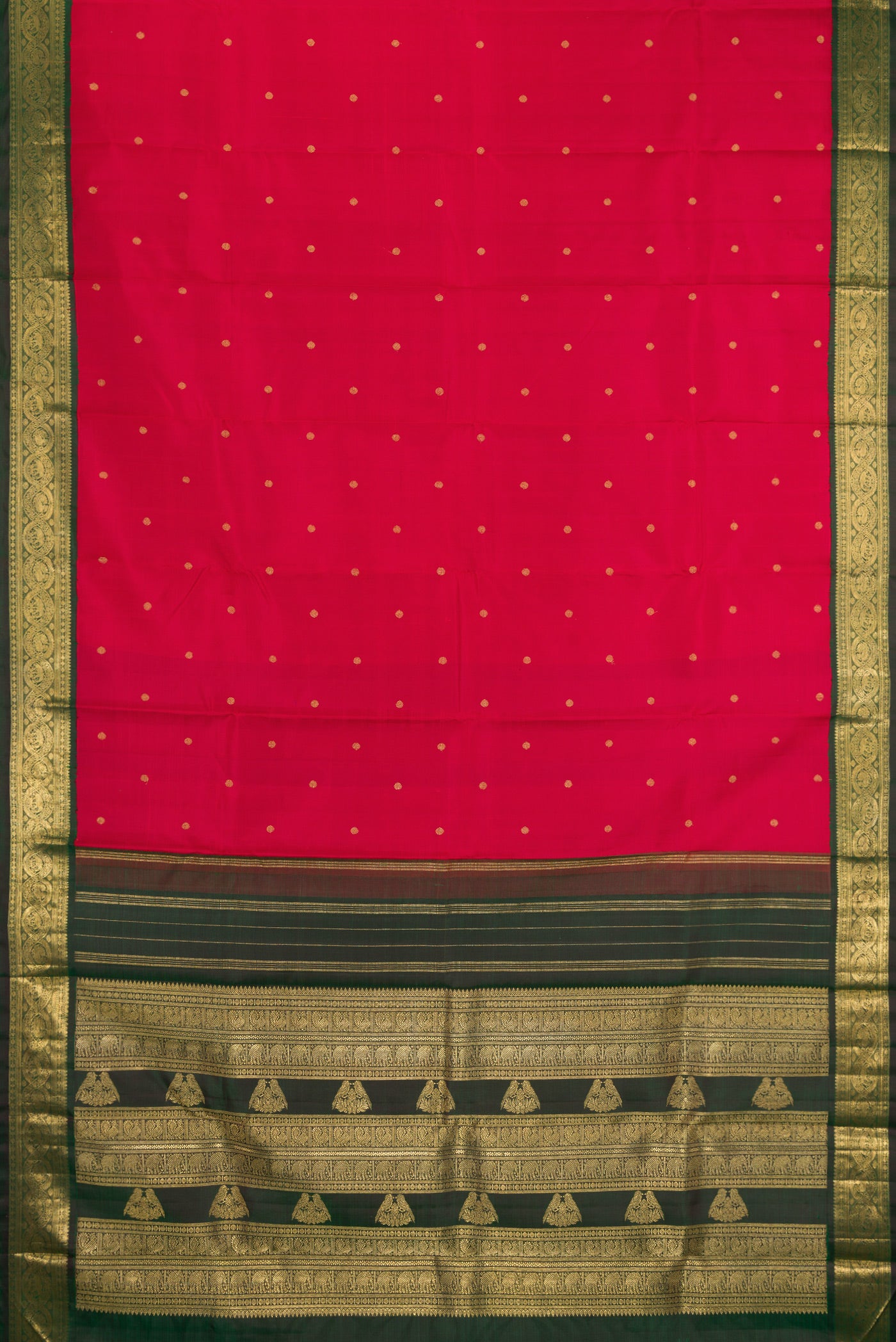 Flat view of Pure Silk Pure Zari Red Kanchipuram Saree with Zari Butta on the body and Zari Border. 