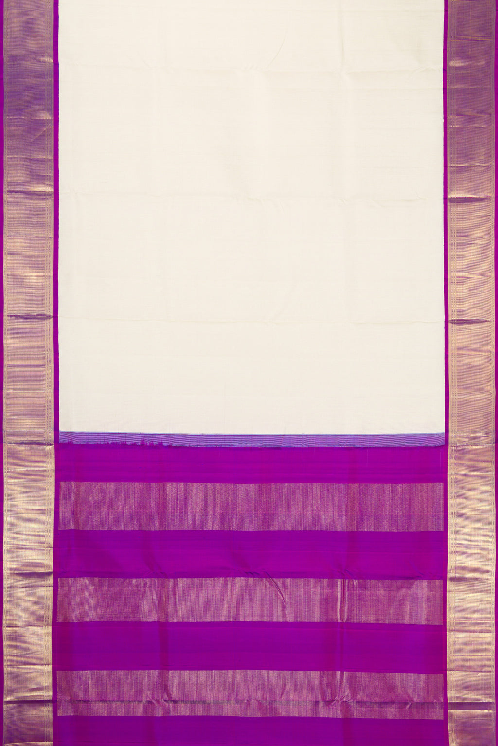 Flat view of Pure Silk Pure Zari Off White Dual Tone Kanchipuram Nine Yards Saree with Zari Brocade on the body and Zari Border. 