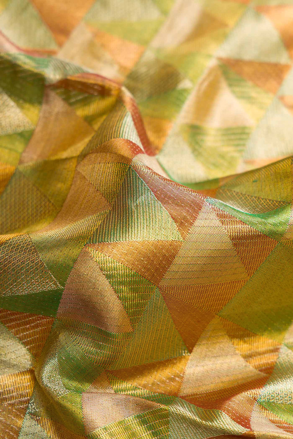 Close up of Green Dual Tone Kanchipuram Tissue Silk Saree with Zari Brocade on the body and Zari Border.  displaying folds