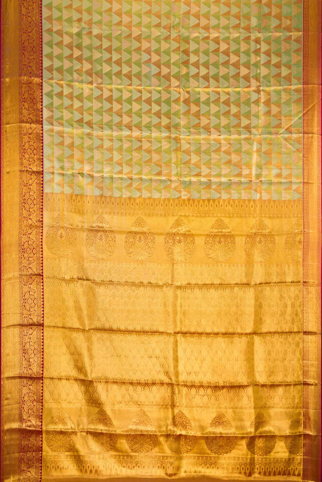 Flat view of Green Dual Tone Kanchipuram Tissue Silk Saree with Zari Brocade on the body and Zari Border. 