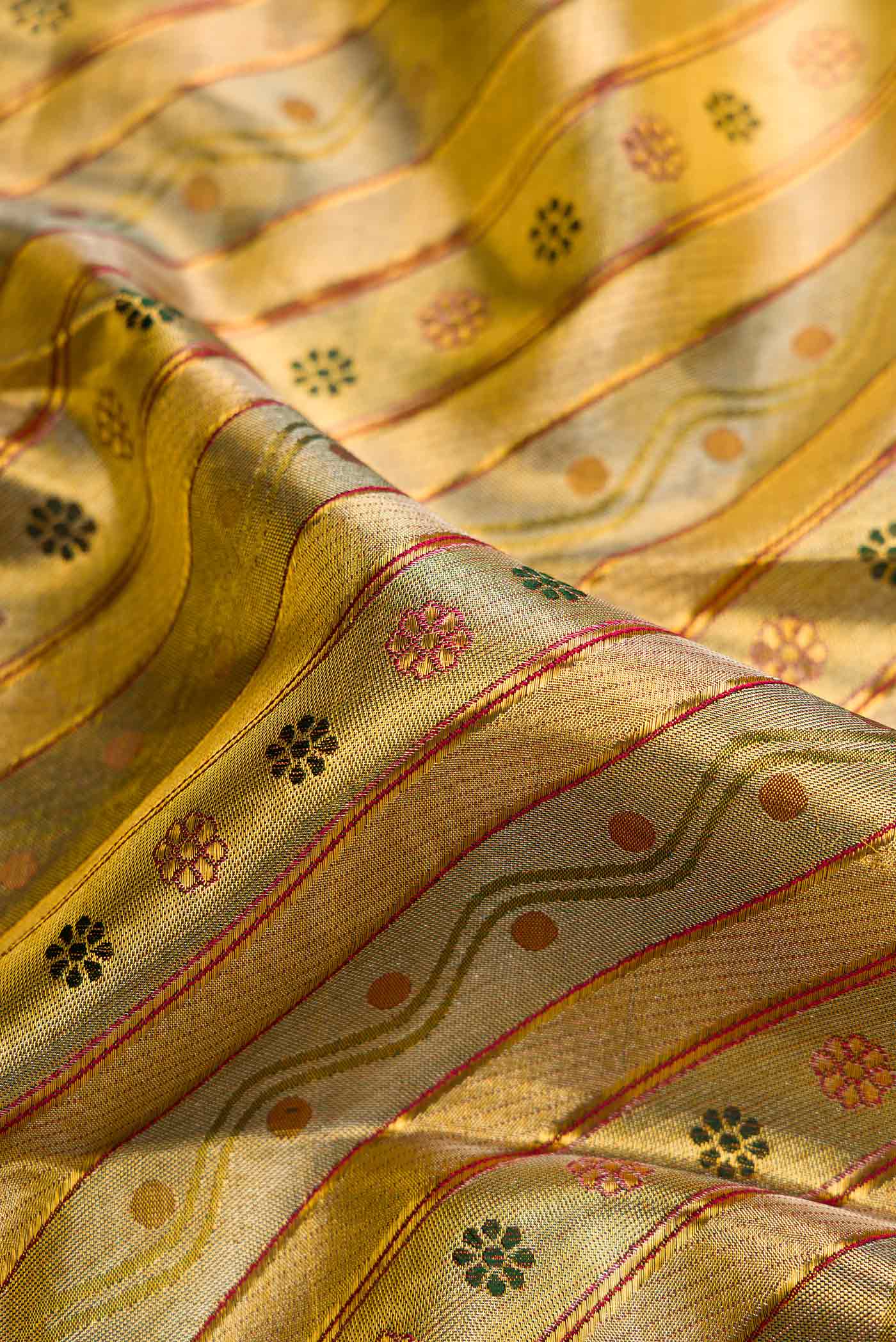 Close up of Gold Dual Tone Kanchipuram Tissue Silk Saree with Zari Brocade on the body and Zari Border.  displaying folds