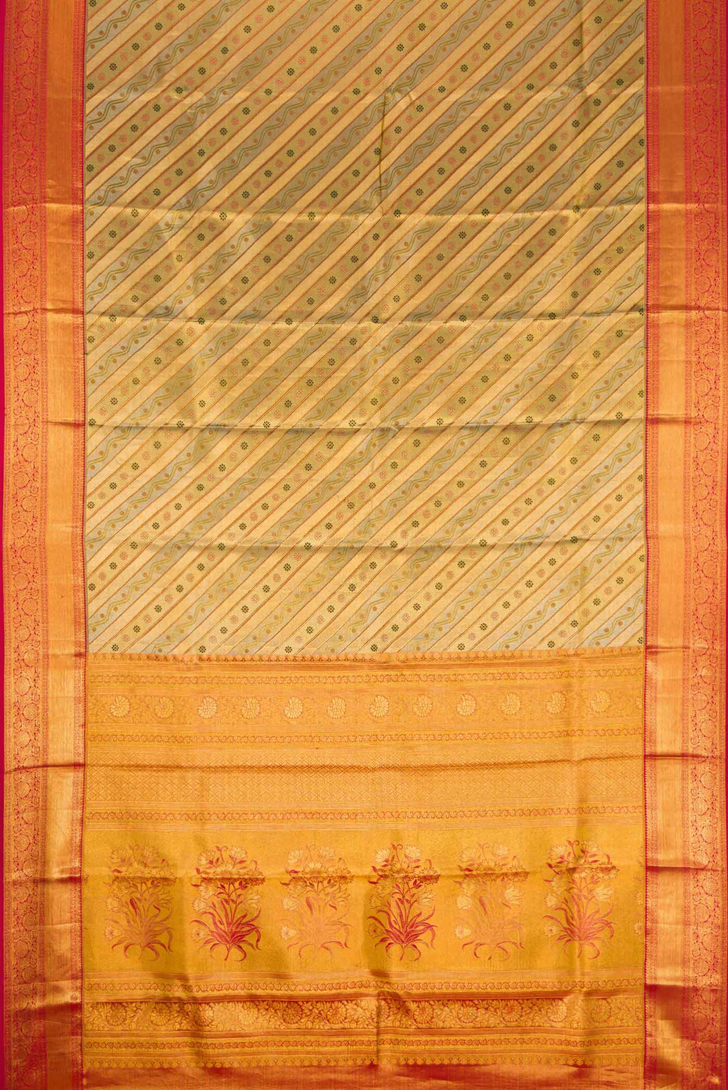 Flat view of Gold Dual Tone Kanchipuram Tissue Silk Saree with Zari Brocade on the body and Zari Border. 