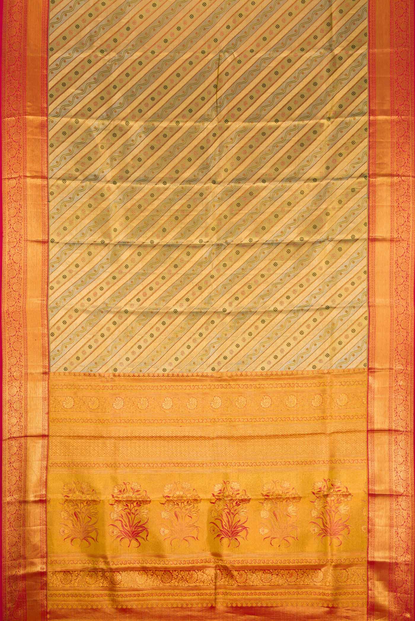 Flat view of Gold Dual Tone Kanchipuram Tissue Silk Saree with Zari Brocade on the body and Zari Border. 