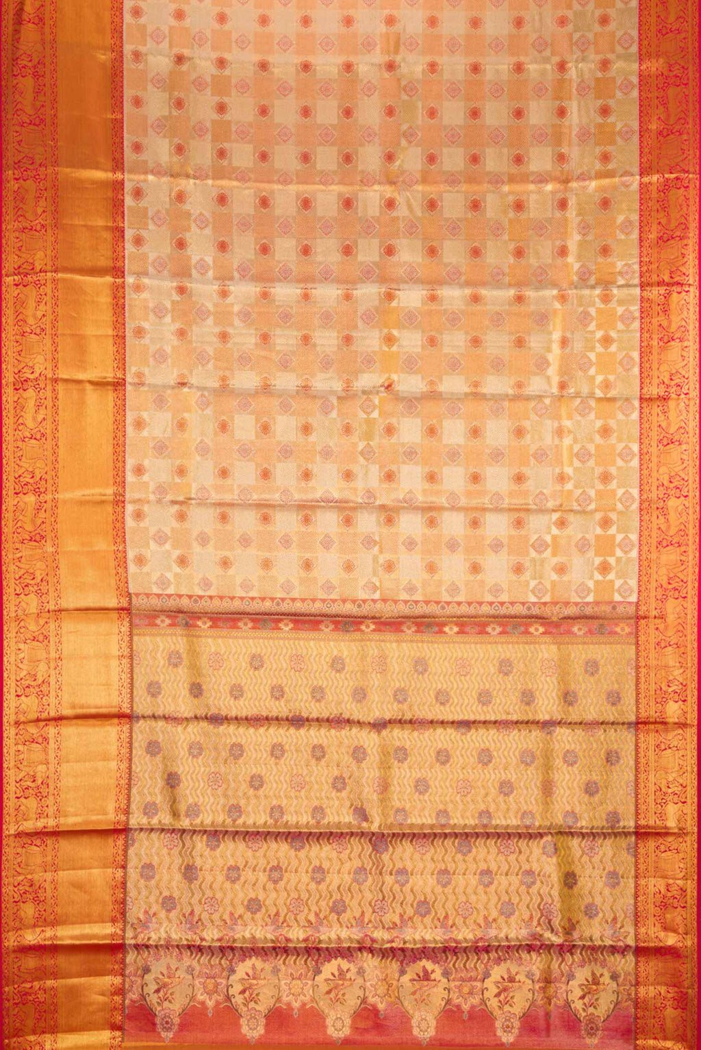 Flat view of Gold Dual Tone Kanchipuram Tissue Silk Saree with Zari Brocade on the body and Zari Border. 
