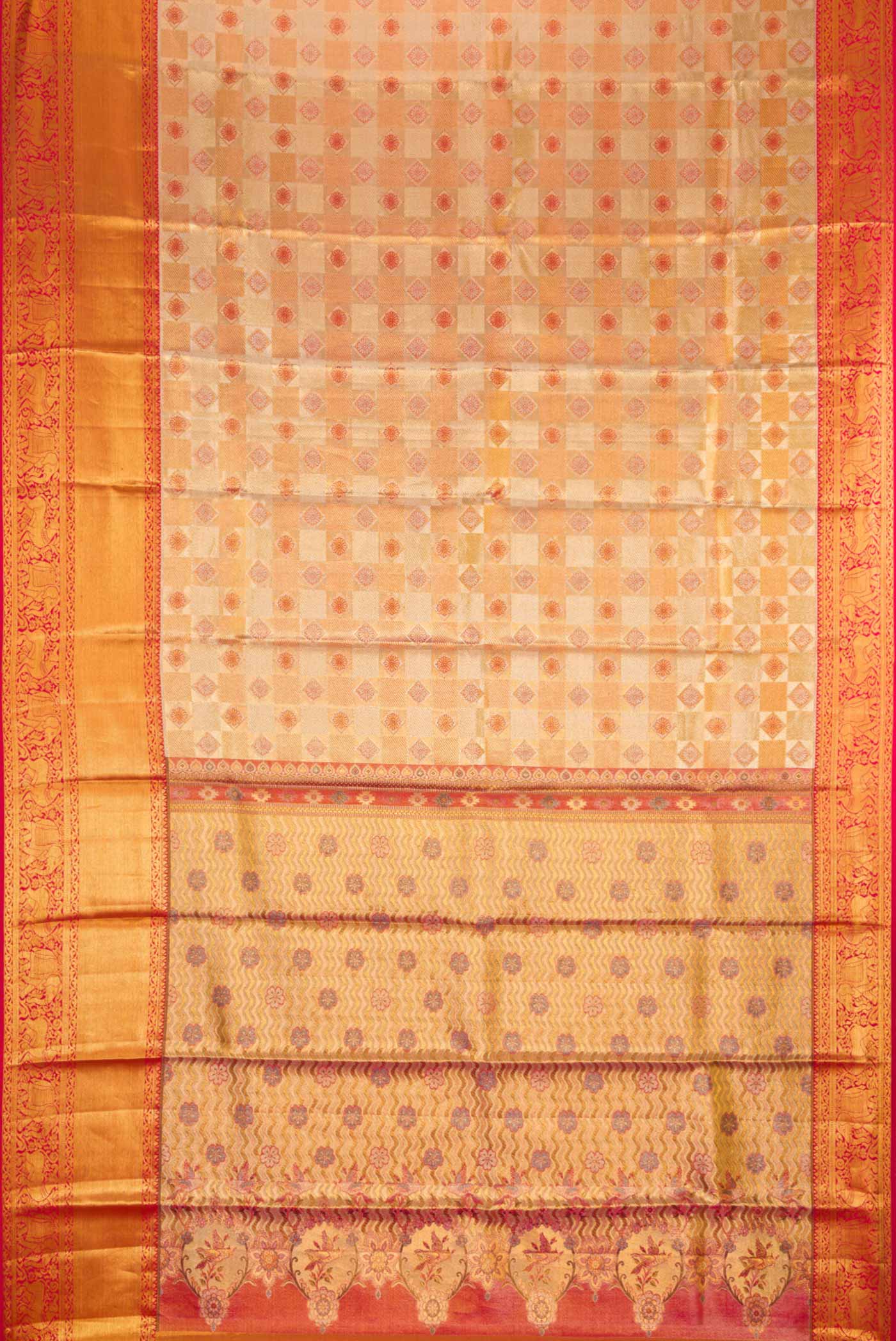 Flat view of Gold Dual Tone Kanchipuram Tissue Silk Saree with Zari Brocade on the body and Zari Border. 
