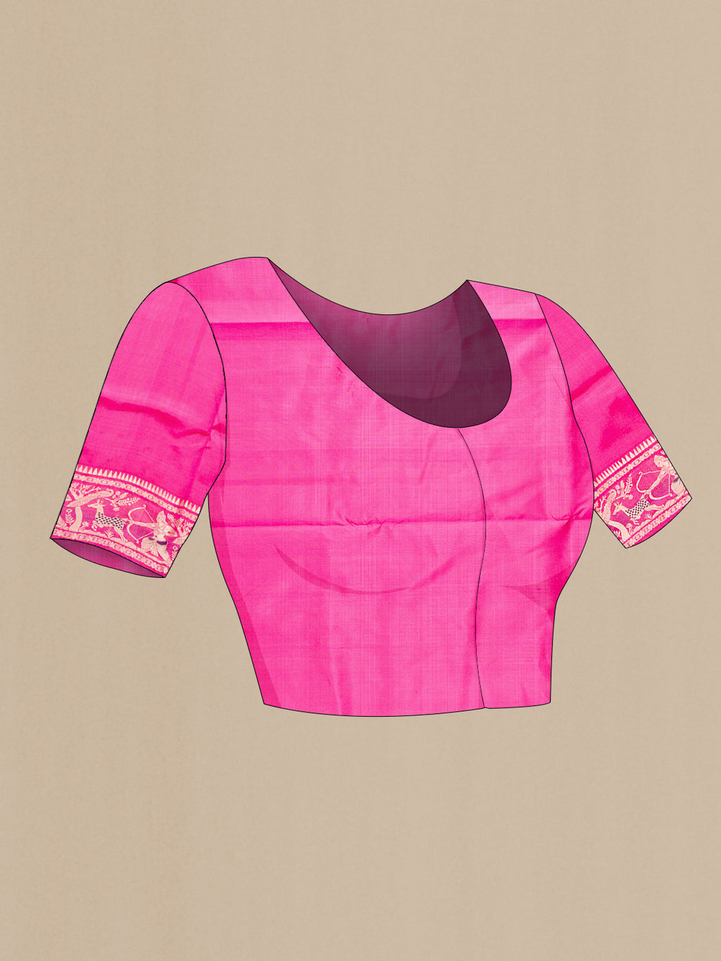 Close up image of the blouse of Pink Baluchari Silk Saree with Thread Butta on the body and Fancy Border. 