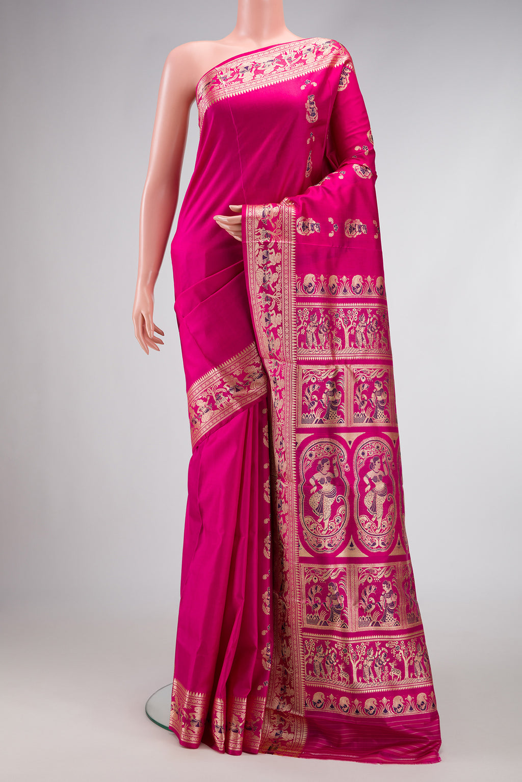 Pink Dual Tone Baluchari Silk Saree with Thread Butta on the body and Thread Border.  displayed on a mannequin