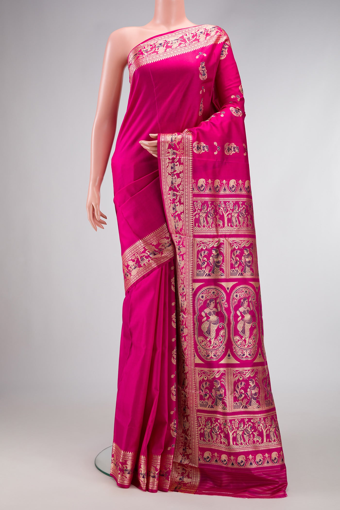 Pink Dual Tone Baluchari Silk Saree with Thread Butta on the body and Thread Border.  displayed on a mannequin