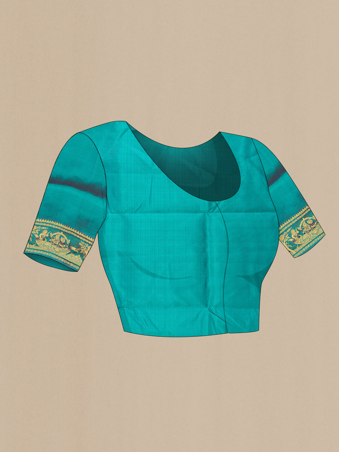 Close up image of the blouse of Peacock Blue Dual Tone Baluchari Silk Saree with Thread Butta on the body and Fancy Border. 