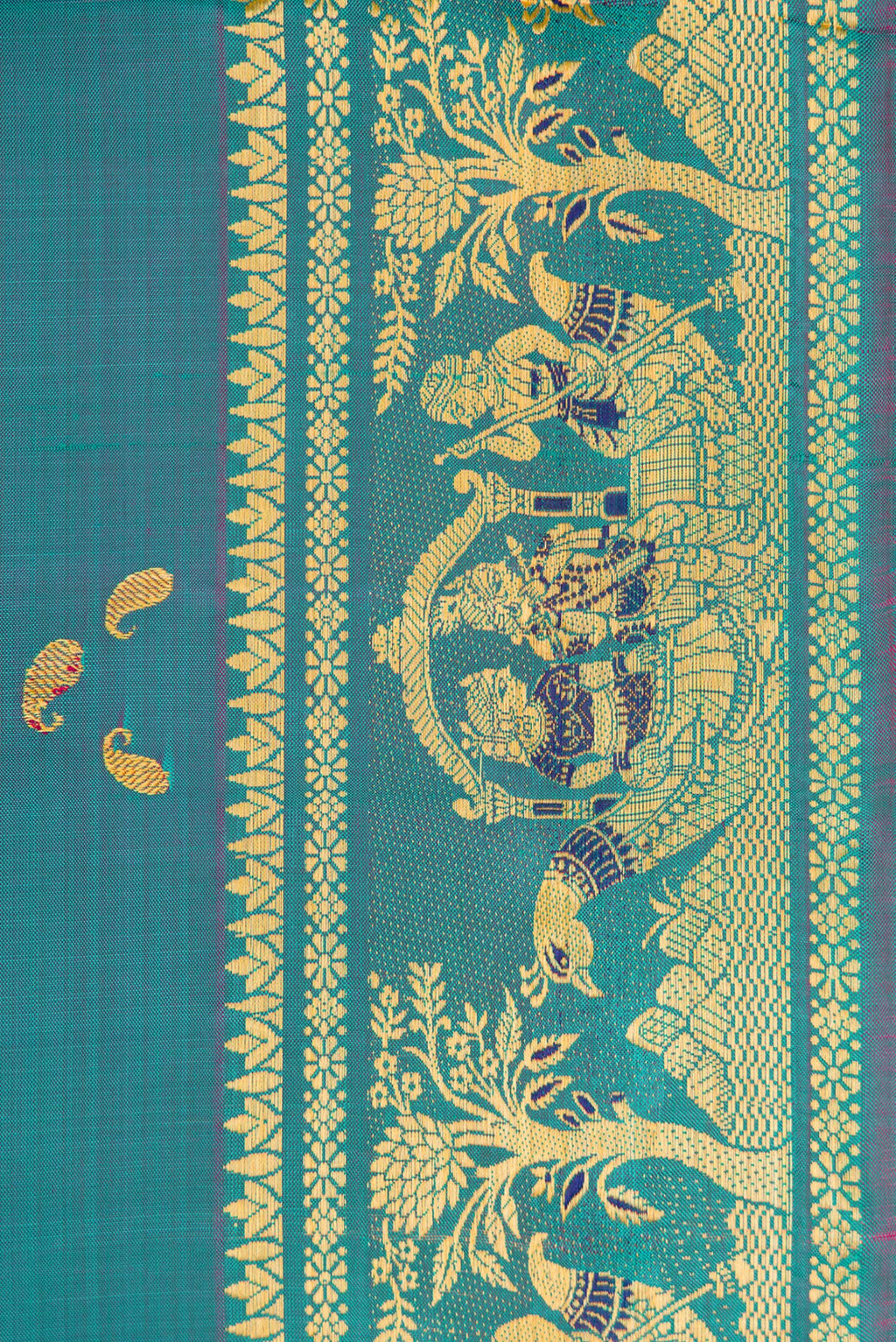 Border image of Peacock Blue Dual Tone Baluchari Silk Saree with Thread Butta on the body and Fancy Border. 
