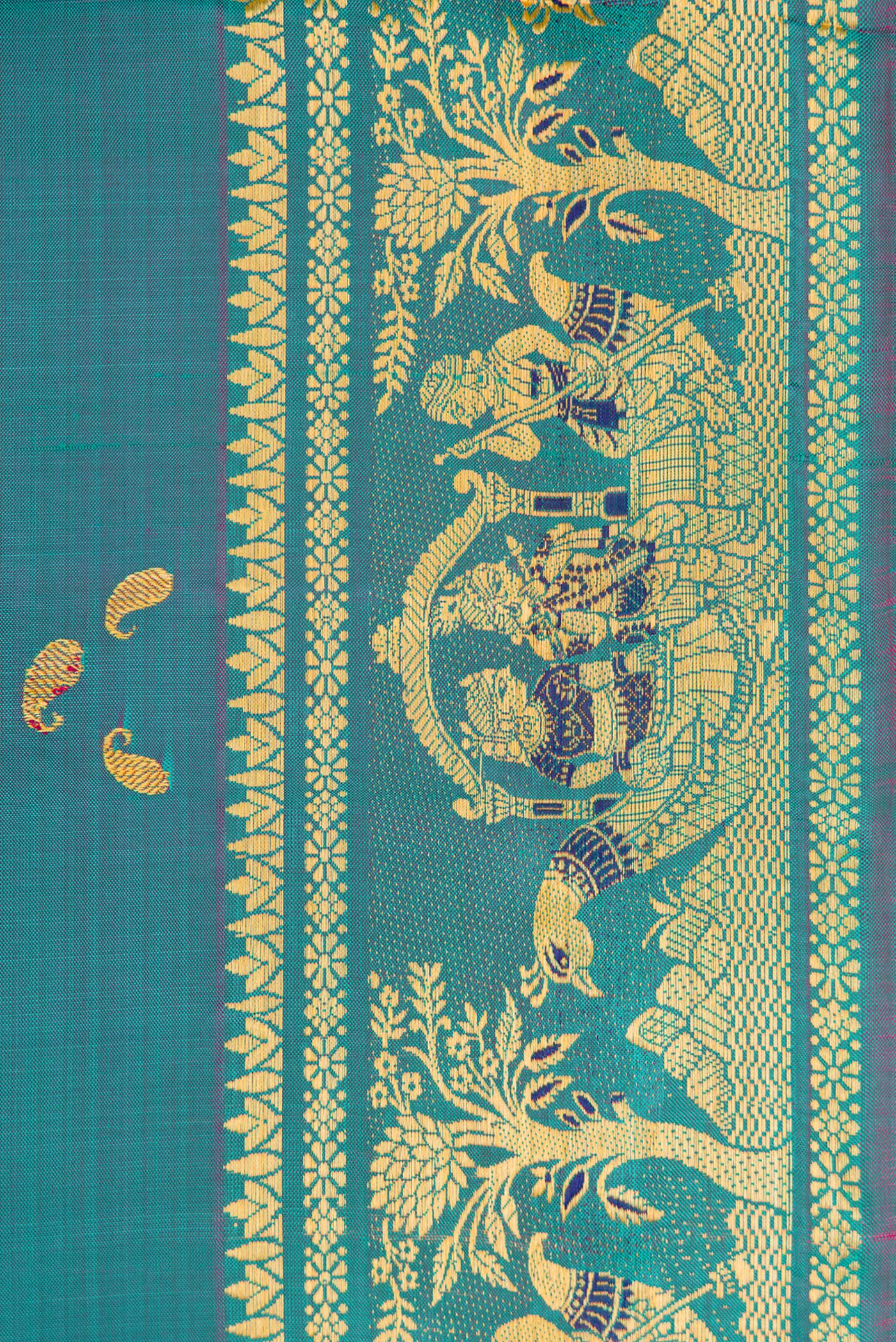 Border image of Peacock Blue Dual Tone Baluchari Silk Saree with Thread Butta on the body and Fancy Border. 