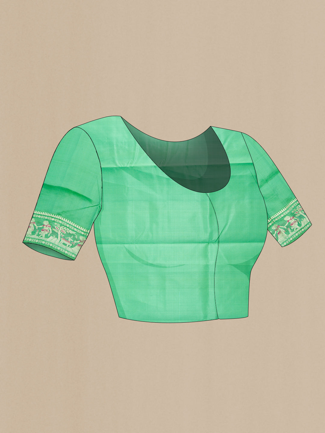Close up image of the blouse of Sea Green Dual Tone Baluchari Silk Saree with Zari And Thread Butta on the body and Zari Border. 