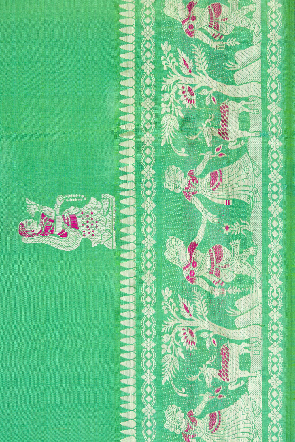 Border image of Sea Green Dual Tone Baluchari Silk Saree with Zari And Thread Butta on the body and Zari Border. 