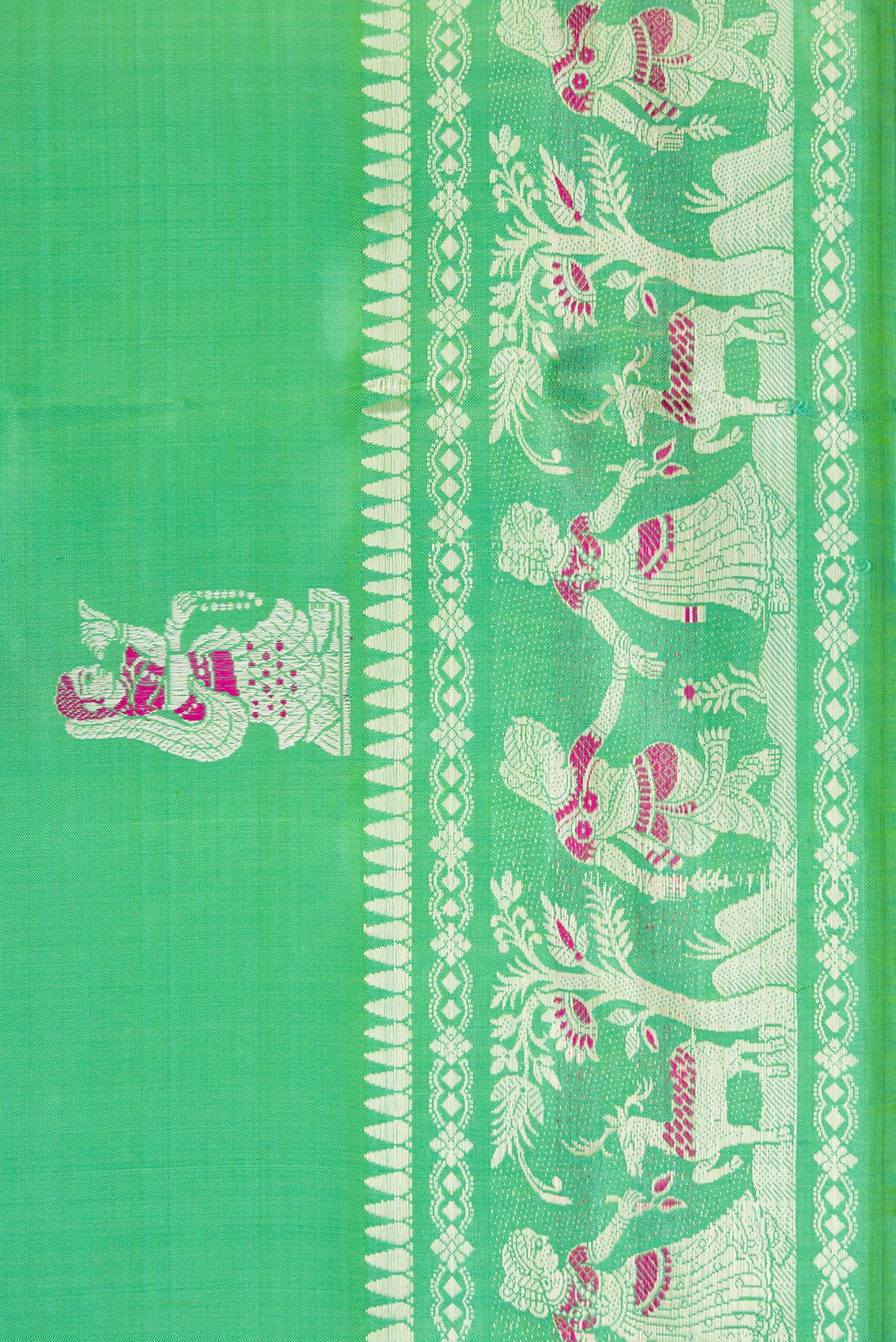Border image of Sea Green Dual Tone Baluchari Silk Saree with Zari And Thread Butta on the body and Zari Border. 
