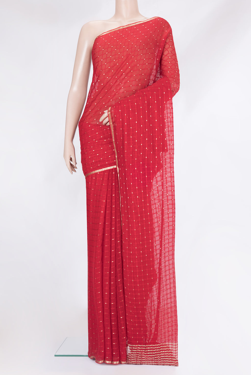 Red Mysore Chiffon Saree with Checked design on the body and Zari Border.  displayed on a mannequin