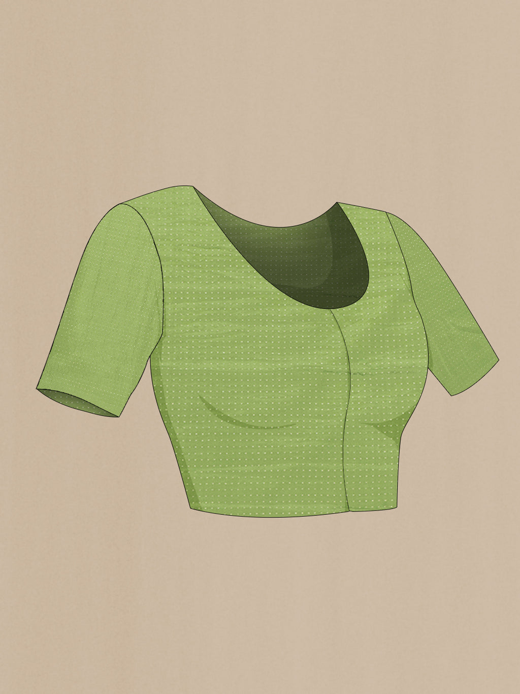 Close up image of the blouse of Light Green Mysore Chiffon Saree with Checked design on the body and Zari Border. 