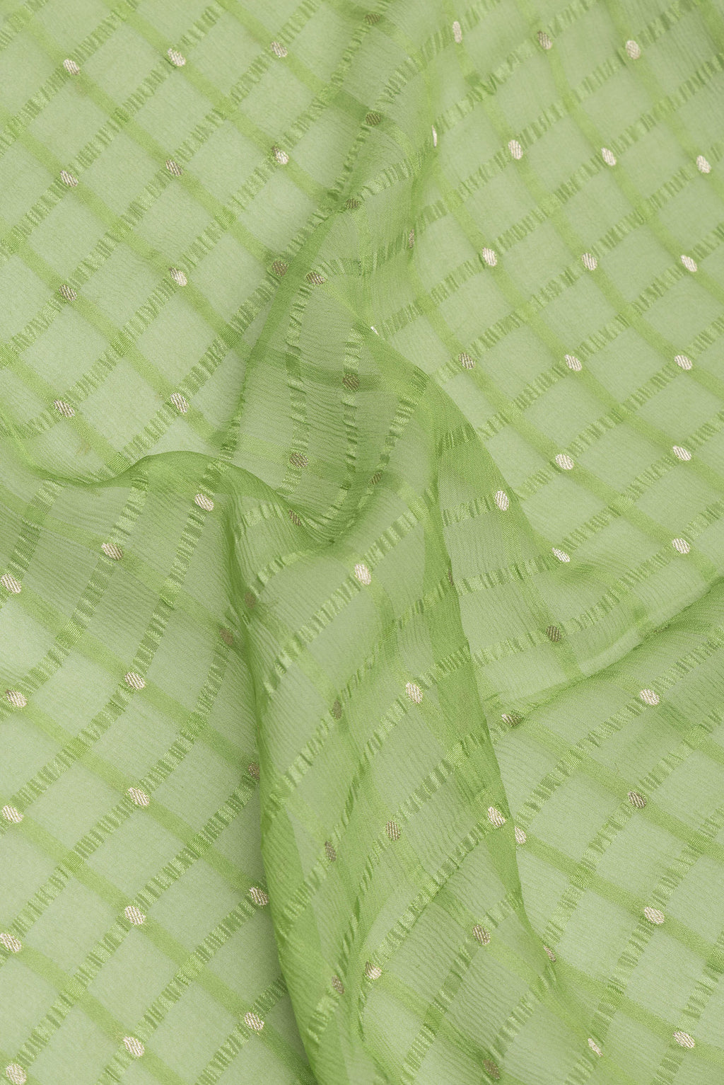Close up of Light Green Mysore Chiffon Saree with Checked design on the body and Zari Border.  displaying folds