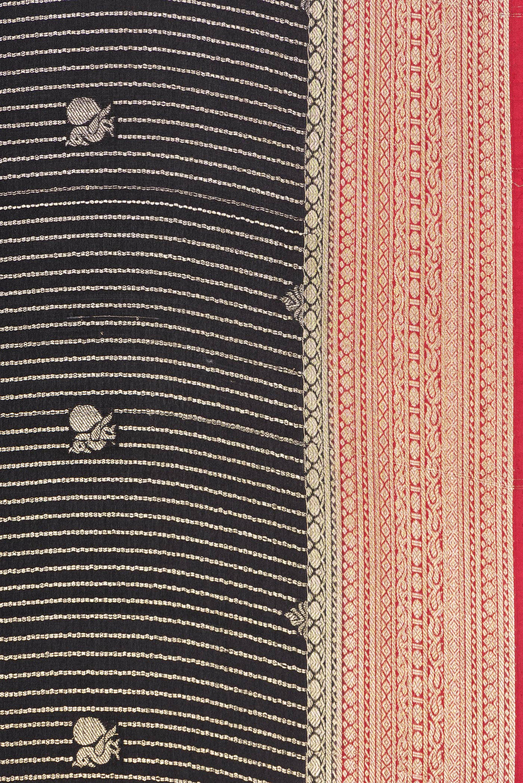 Border image of Pure Silk Black and Grey Color Mysore Silk Saree with Stripes on the body and Zari Border. 