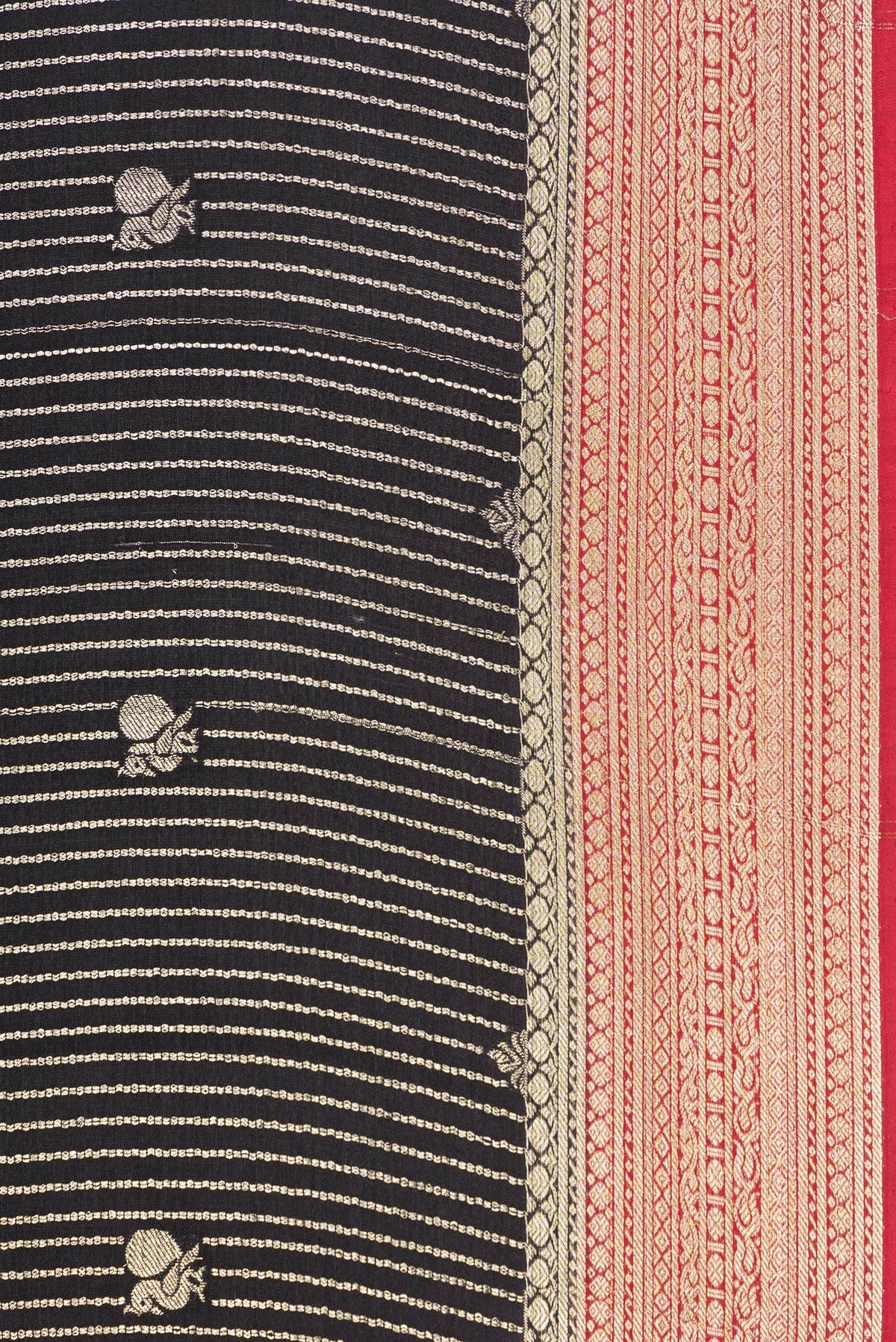 Border image of Pure Silk Black and Grey Color Mysore Silk Saree with Stripes on the body and Zari Border. 