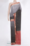 Pure Silk Black and Grey Color Mysore Silk Saree with Stripes on the body and Zari Border.  displayed on a mannequin