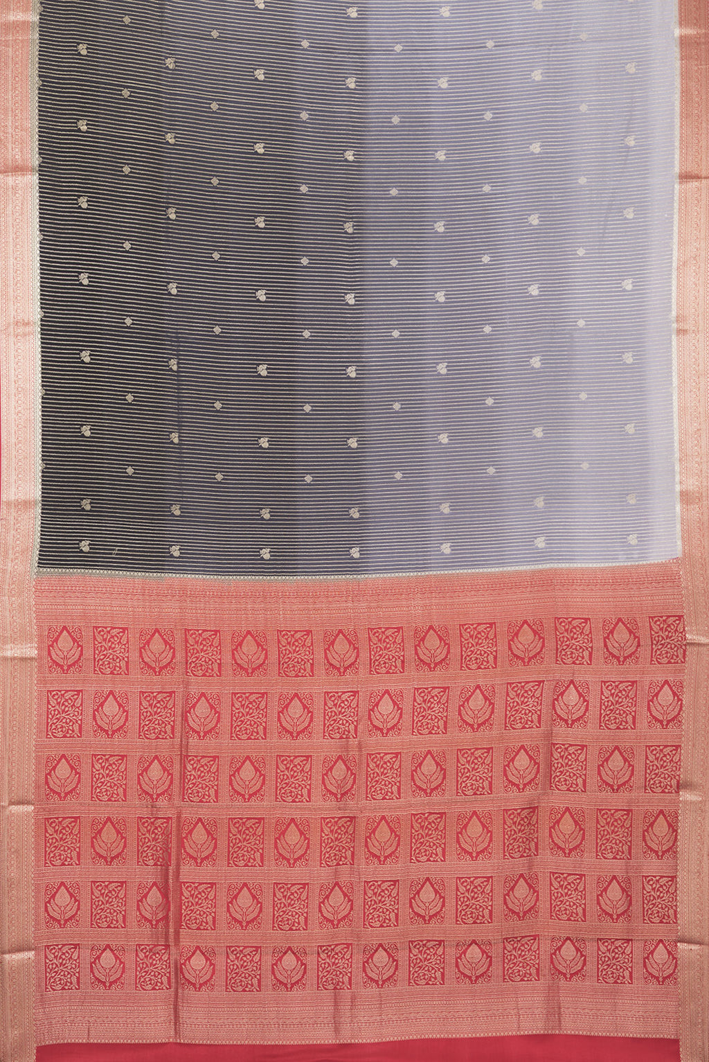 Flat view of Pure Silk Black and Grey Color Mysore Silk Saree with Stripes on the body and Zari Border. 