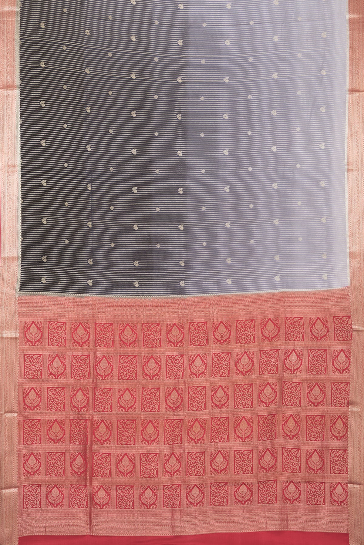 Flat view of Pure Silk Black and Grey Color Mysore Silk Saree with Stripes on the body and Zari Border. 