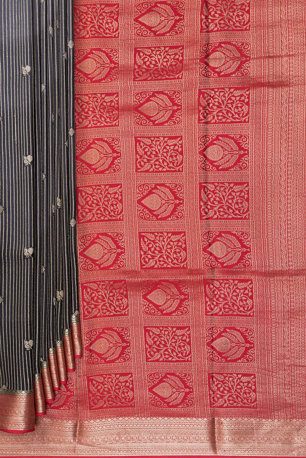Pleats and pallu of Pure Silk Black and Grey Color Mysore Silk Saree with Stripes on the body and Zari Border. 